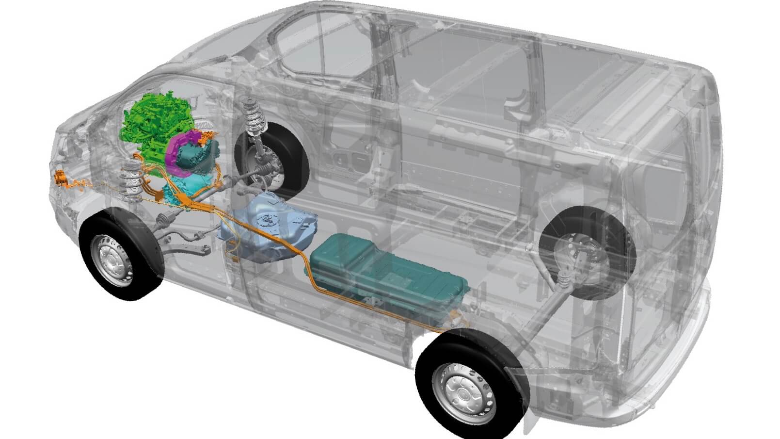 hybride Ford bestelauto batterij en aandrijflijn